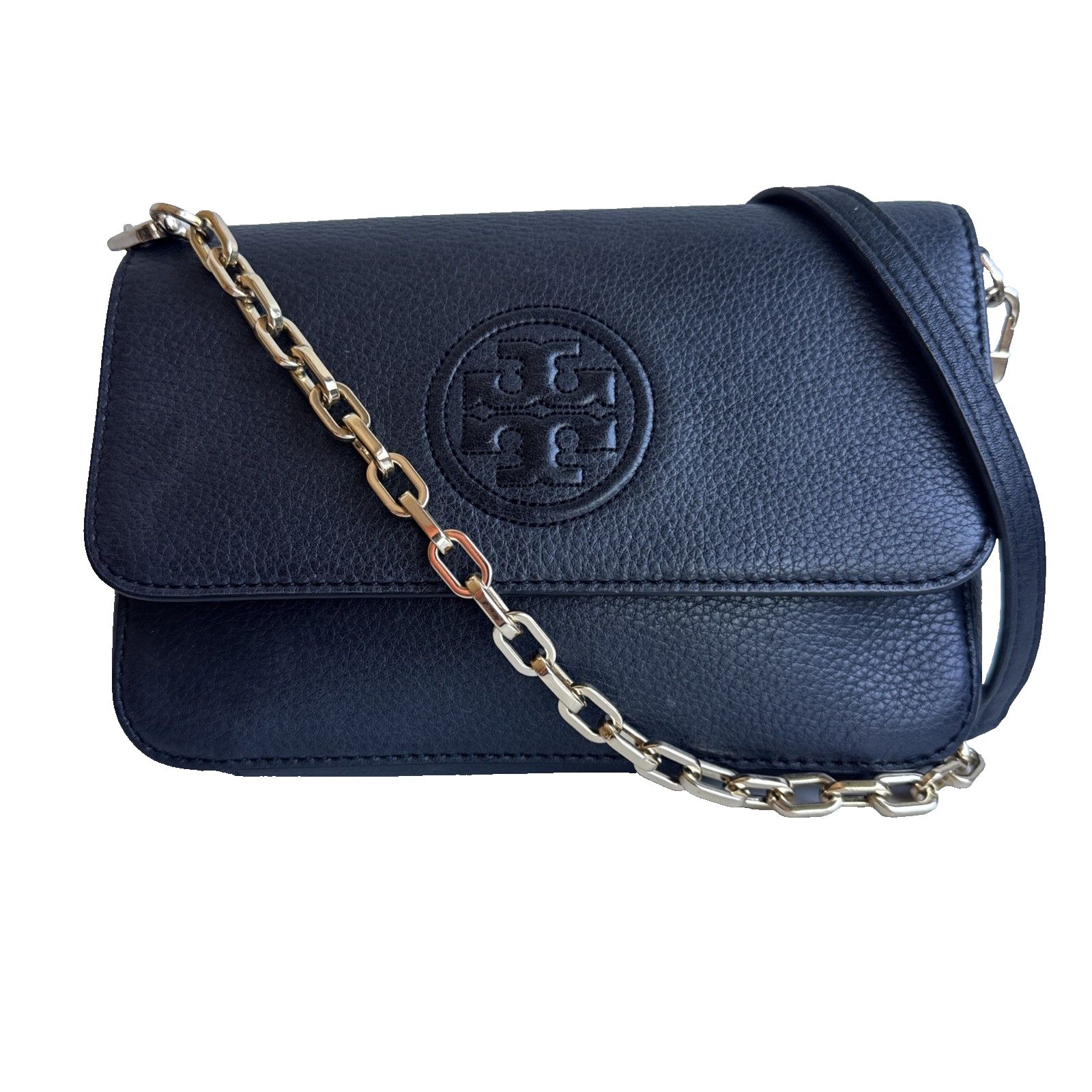 Tory Burch Bombe Mini Crossbody Bag Black Leather Gold Chain Hardware Logo